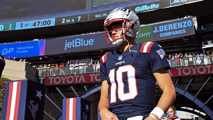 Oct 27, 2024; Foxborough, Massachusetts, USA; New England Patriots quarterback Drake Maye (10) walks onto the field before a game against the New York Jets at Gillette Stadium. Mandatory Credit: Brian Fluharty-Imagn Images