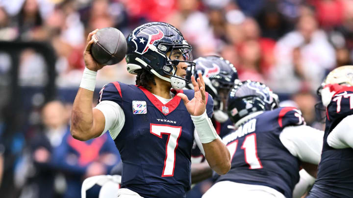 Oct 15, 2023; Houston, Texas, USA; Houston Texans quarterback C.J. Stroud (7) looks to pass the ball during the third quarter against the New Orleans Saints at NRG Stadium. Mandatory Credit: Maria Lysaker-USA TODAY Sports