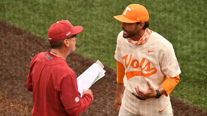 Tennessee Baseball Coach Tony Vitello exchanges words with Arkansas Baseball Coach Dave Van Horn after Arkansas 3-2 win in an NCAA baseball game in Knoxville, Tenn. on Sunday, May 16, 2021.