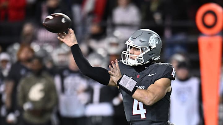 Nov 15, 2025; Pullman, Washington, USA; Washington State Cougars quarterback Zevi Eckhaus (4) throws a pass against the Louisiana Tech Bulldogs in the second half at Gesa Field at Martin Stadium. Mandatory Credit: James Snook-Imagn Images