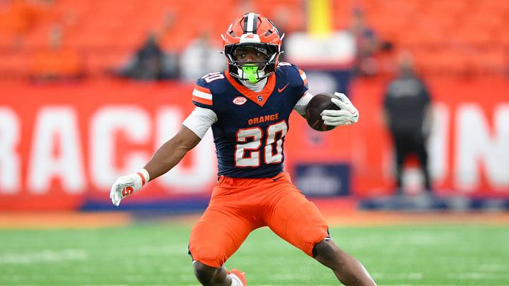 Sep 5, 2026; Syracuse, New York, USA; Syracuse Orange running back Tylik Hill (20) runs with the ball during the second half against the New Hampshire Wildcats at the JMA Wireless Dome. Mandatory Credit: Rich Barnes-Imagn Images Sep 5, 2026; Syracuse, New York, USA; Syracuse Orange running back Tylik Hill (20) runs with the ball during the second half against the New Hampshire Wildcats at the JMA Wireless Dome. Mandatory Credit: Rich Barnes-Imagn Images