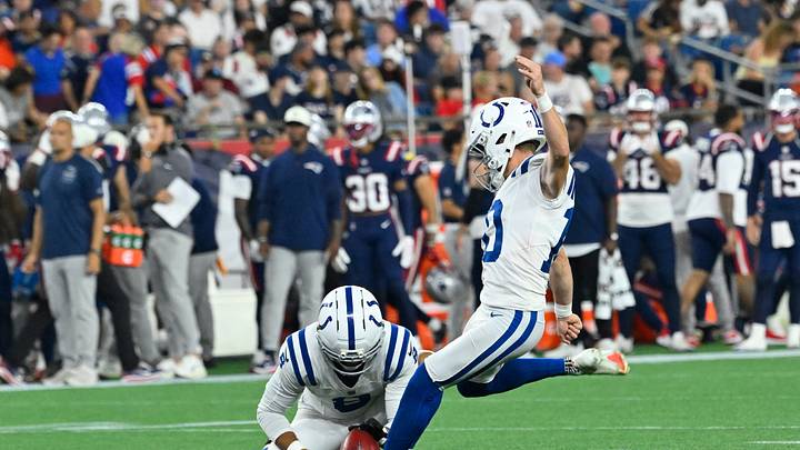 Aug 13, 2026; Foxborough, Massachusetts, USA; Indianapolis Colts punter Rigoberto Sanchez (8) holds the ball for place kicker Blake Grupe (10) to kick an extra point against the New England Patriots during the first half at Gillette Stadium. Mandatory Credit: Eric Canha-Imagn Images Aug 13, 2026; Foxborough, Massachusetts, USA; Indianapolis Colts punter Rigoberto Sanchez (8) holds the ball for place kicker Blake Grupe (10) to kick an extra point against the New England Patriots during the first half at Gillette Stadium. Mandatory Credit: Eric Canha-Imagn Images