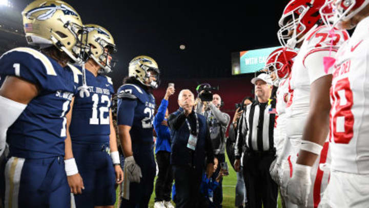 St. John Bosco (left) and Mater Dei during coin flip at the LA Memorial Coliseum in the 2023 CIF Southern Section Division 1 final. Mater Dei prevailed 35-7.