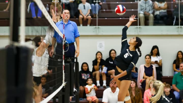 Mitty senior Kacie Caolli (5) is one of seven seniors who lead the Monarchs after their on-going state record 21st regional title Tuesday in a three-game Northern California Open Division sweep over arch-rival Saint Francis. Mitty goes for their record 15th state crown Saturday against national powerhouse Cathedral Catholic of San Diego, which beat defending state Open champion Mater Dei in four games Tuesday. The state championships are at Santiago Canyon College in Orange.