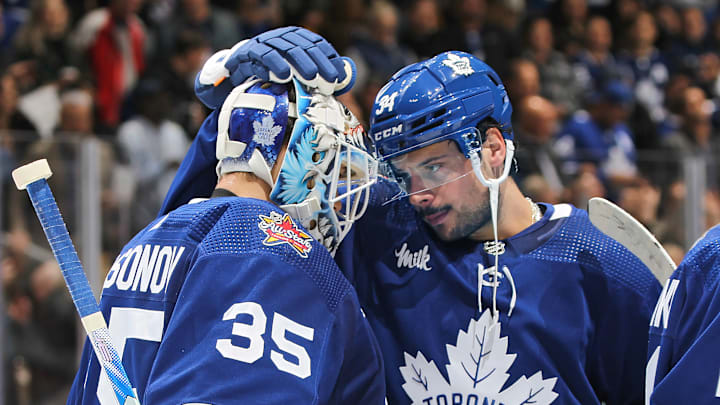Auston Matthews and Ilya Samsonov after winning against the Minnesota Wild,