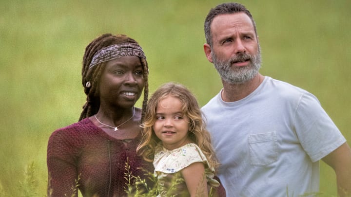 Andrew Lincoln as Rick Grimes, Danai Gurira as Michonne, Chloe Garcia as Judith - The Walking Dead season 9 Andrew Lincoln as Rick Grimes, Danai Gurira as Michonne, Chloe Garcia as Judith - The Walking Dead season 9