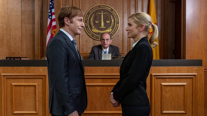 Bob Odenkirk as Jimmy McGill, Rhea Seehorn as Kim Wexler - Better Call Saul _ Season 5, Episode 7 - Photo Credit: Greg Lewis/AMC/Sony Pictures Television