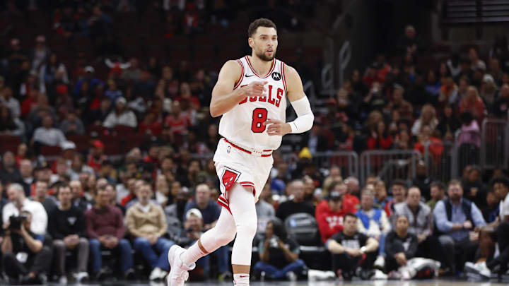 Nov 6, 2023; Chicago, Illinois, USA; Chicago Bulls guard Zach LaVine (8) reacts after scoring