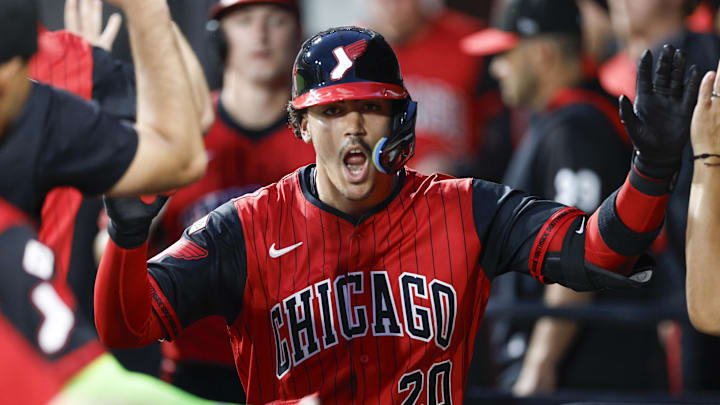 Sep 19, 2025; Chicago, Illinois, USA; Chicago White Sox first baseman Miguel Vargas (20) celebrates with teammates in the dugout after hitting a two-run home run against the San Diego Padres during the first inning at Rate Field. Mandatory Credit: Kamil Krzaczynski-Imagn Images