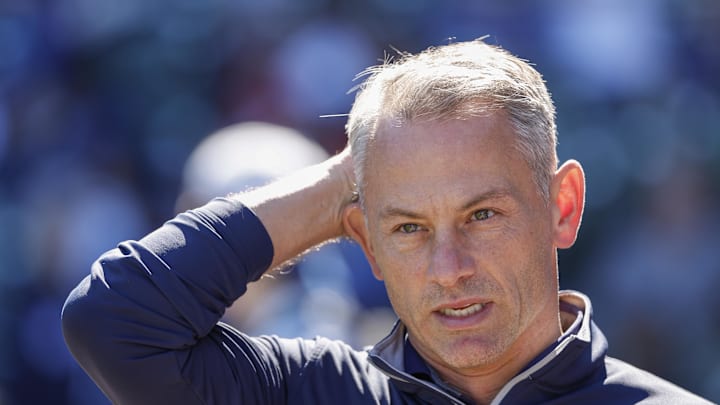 Oct 1, 2022; Chicago, Illinois, USA; Chicago Cubs President of baseball operations Jed Hoyer looks