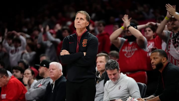 USC Trojans head coach Eric Musselman watches during the first half of the NCAA men's basketball game against the Ohio State Buckeyes at the Schottenstein Center on Feb. 11, 2026.