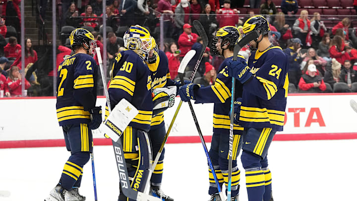 Feb 2, 2024; Columbus, Ohio, USA; The Michigan Wolverines celebrate their 4-2 win over the Ohio