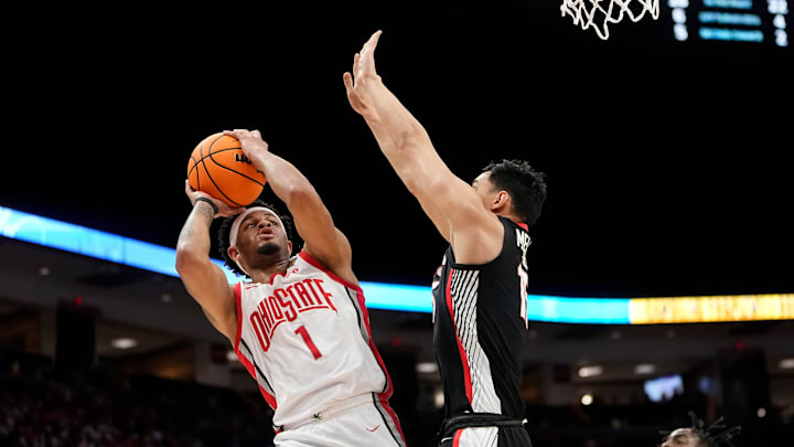 Mar 26, 2024; Columbus, OH, USA; Ohio State Buckeyes guard Roddy Gayle Jr. (1) shoots over Georgia