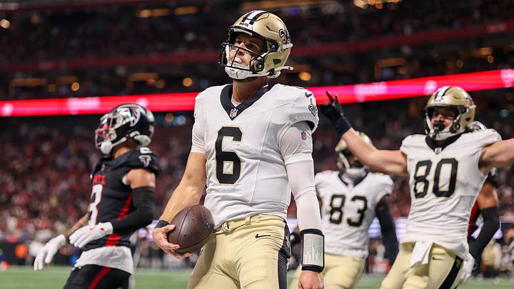 Jan 4, 2026; Atlanta, Georgia, USA; New Orleans Saints quarterback Tyler Shough (6) celebrates after a touchdown against the Atlanta Falcons in the second quarter at Mercedes-Benz Stadium. Mandatory Credit: Brett Davis-Imagn Images