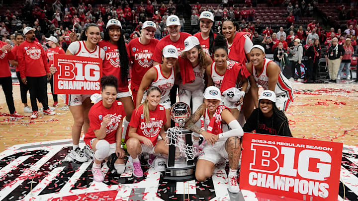Feb 28, 2024; Columbus, OH, USA; The Ohio State Buckeyes celebrate winning the Big Ten regular