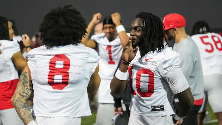 Mar 7, 2024; Columbus, OH, USA; Ohio State Buckeyes cornerback Denzel Burke (10) does a handshake