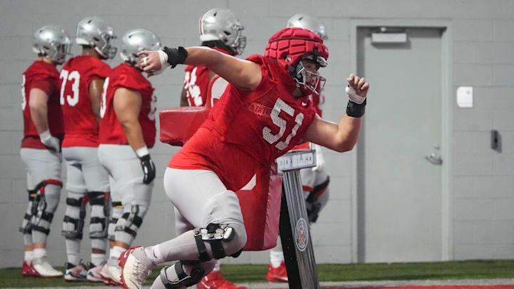 Mar 5, 2024; Columbus, OH, USA; Ohio State Buckeyes offensive lineman Luke Montgomery (51) runs