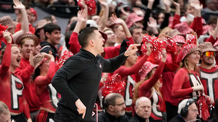 Feb 18, 2024; Columbus, Ohio, USA; Ohio State Buckeyes interim head coach Jake Diebler yells from
