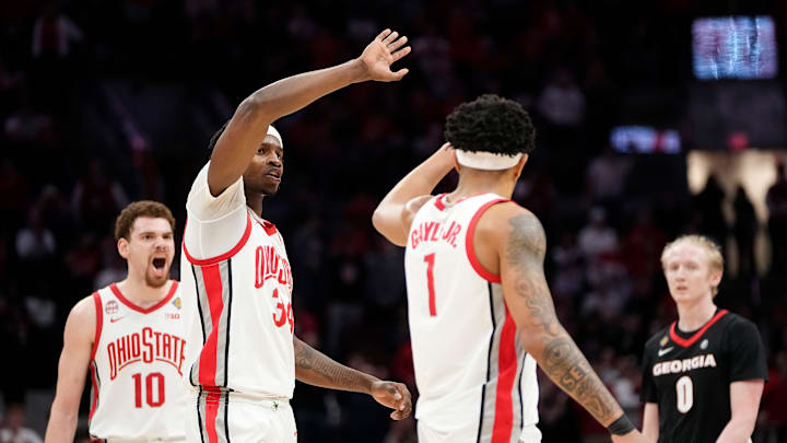 Mar 26, 2024; Columbus, OH, USA; Ohio State Buckeyes forward Jamison Battle (10), center Felix