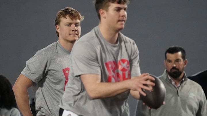 Mar 20, 2024; Columbus, Ohio, USA; Ohio State Buckeyes head coach Ryan Day and quarterback Devin