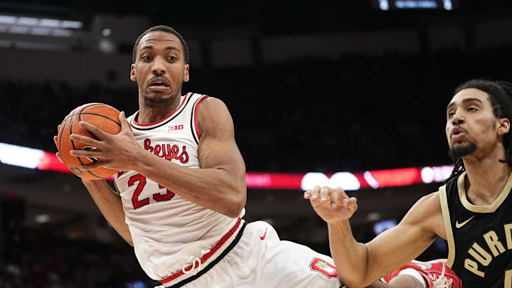 Feb 18, 2024; Columbus, Ohio, USA; Ohio State Buckeyes forward Zed Key (23) grabs a rebound away