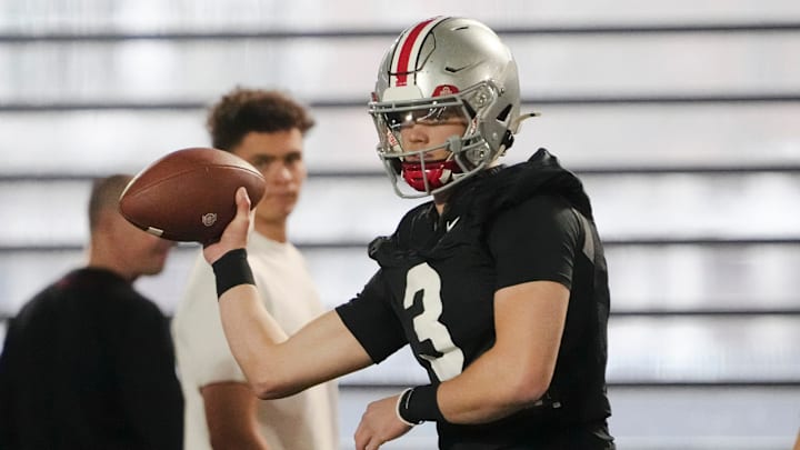 Mar 7, 2024; Columbus, OH, USA; Ohio State Buckeyes quarterback Lincoln Kienholz (3) throws during