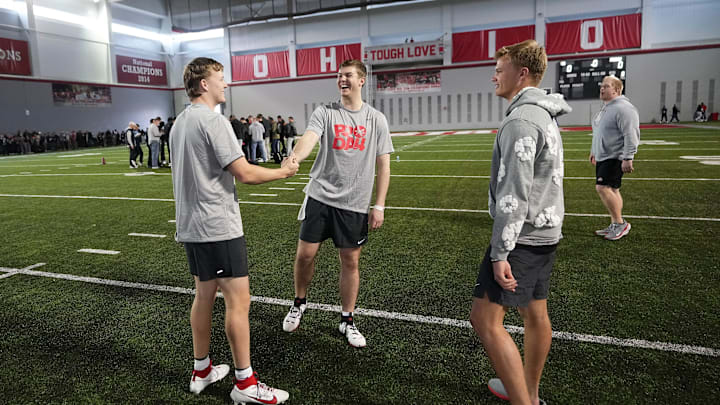 Mar 20, 2024; Columbus, Ohio, USA; Ohio State Buckeyes quarterbacks, from left, Devin Brown, Will