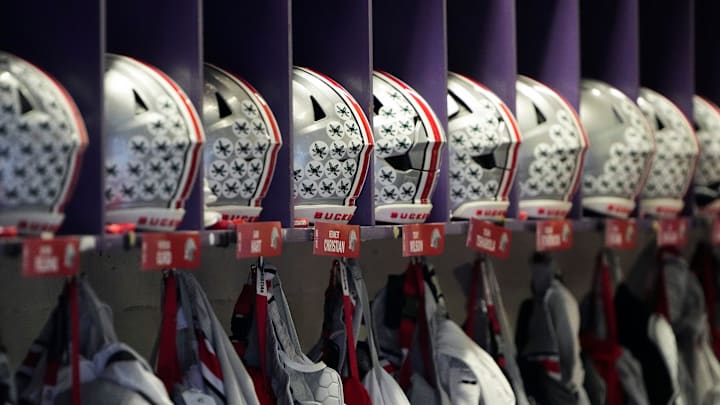 Nov 5, 2022; Evanston, Illinois, USA; Ohio State Buckeyes helmets and uniforms hang in the locker room prior to the NCAA football game between the Northwestern Wildcats and the Ohio State Buckeyes at Ryan Field. Mandatory Credit: Adam Cairns-The Columbus Dispatch

Ncaa Football Ohio State Buckeyes At Northwestern Wildcats