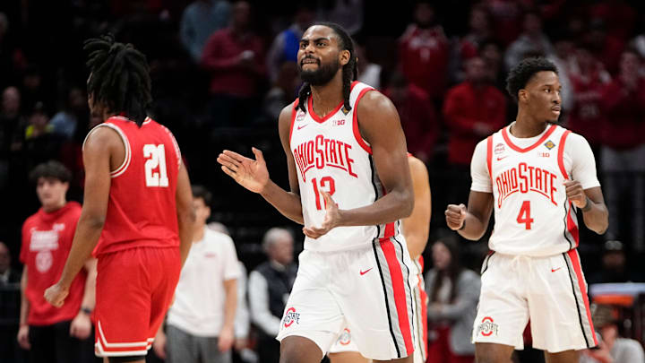 Mar 19, 2024; Columbus, OH, USA; Ohio State Buckeyes guard Evan Mahaffey (12) reacts during the second half of the NIT basketball game against the Cornell Big Red at Value City Arena. Ohio State won 88-83.