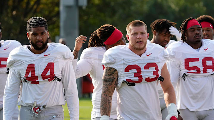 Aug 8, 2024; Columbus, Ohio, USA; Ohio State Buckeyes defensive ends JT Tuimoloau (44) and Jack Sawyer (33) warm up during football practice at the Woody Hayes Athletic Complex.