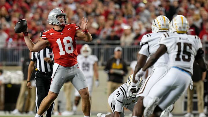 Sep 7, 2024; Columbus, Ohio, USA; Ohio State Buckeyes quarterback Will Howard (18) throws during the first half of the NCAA football game against the Western Michigan Broncos at Ohio Stadium.