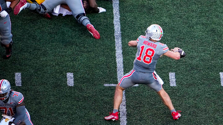 Oct 5, 2024; Columbus, Ohio, USA; Ohio State Buckeyes quarterback Will Howard (18) makes a pass in the third quarter on Saturday.