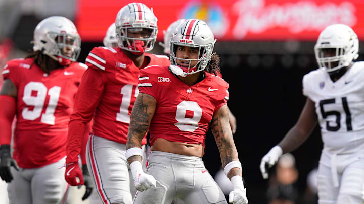 Aug 31, 2024; Columbus, OH, USA; Ohio State Buckeyes safety Lathan Ransom (8) celebrates during the NCAA football game against the Akron Zips at Ohio Stadium. Ohio State won 52-6.