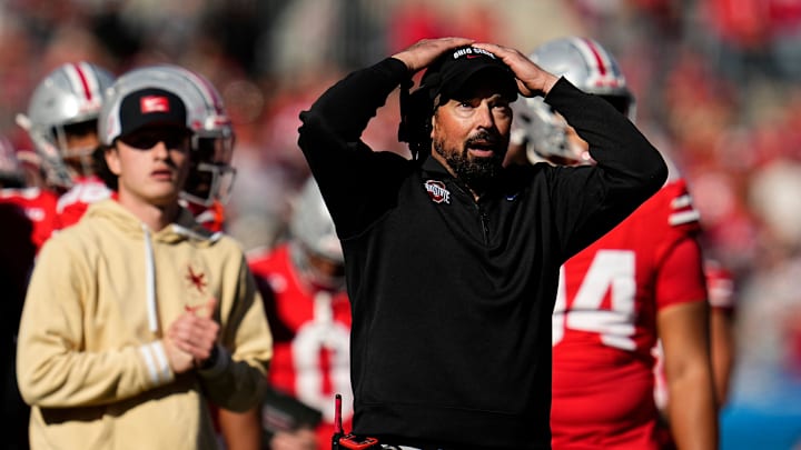 Ohio State Buckeyes head coach Ryan Day watches the scoreboard during the second half of the NCAA football game against the Nebraska Cornhuskers at Ohio Stadium in Columbus on Saturday, Oct. 26, 2024. Ohio State won 21-17.
