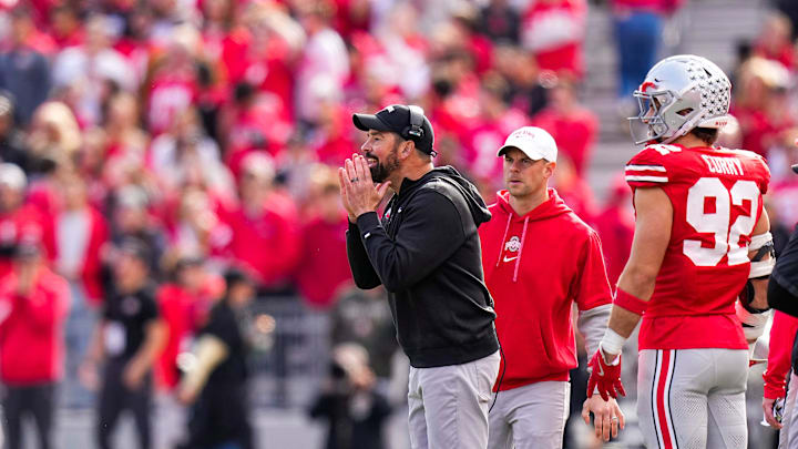 Ohio State Buckeyes head coach Ryan Day yells at his players in the first half at Ohio Stadium on Saturday, Nov. 9, 2024 in Columbus, Ohio.