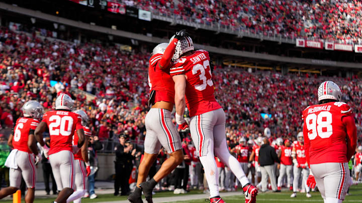 Ohio State Buckeyes defensive end Jack Sawyer (33) celebrates after scoring a fumble recovery touchdown in the second half at Ohio Stadium on Saturday, Nov. 9, 2024 in Columbus, Ohio.