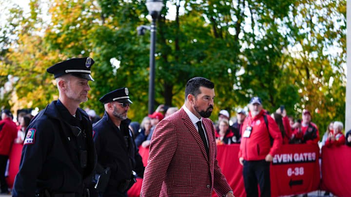 Ohio State Buckeyes head coach Ryan Day arrives to the stadium before the game against the Purdue Boilermakers at Ohio Stadium on Saturday, Nov. 9, 2024 in Columbus, Ohio.