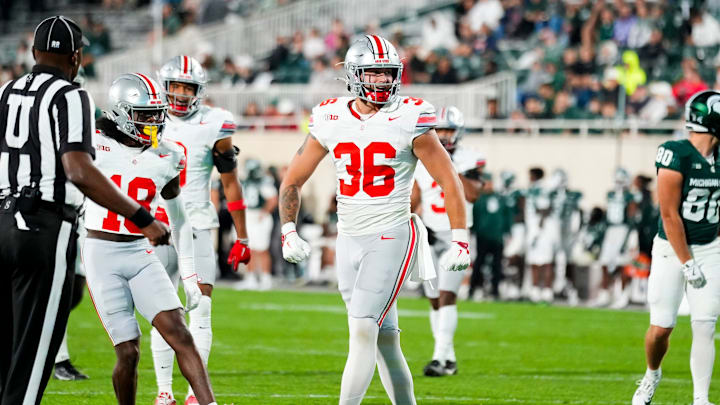 Sep 28, 2024; East Lansing, Michigan, USA; Ohio State Buckeyes linebacker Gabe Powers (36) reacts in the second half at Spartan Stadium on Saturday.