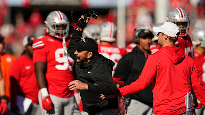Ohio State Buckeyes head coach Ryan Day reacts to a targeting call on linebacker Arvell Reese during the second half of the NCAA football game against the Nebraska Cornhuskers at Ohio Stadium in Columbus on Saturday, Oct. 26, 2024. Ohio State won 21-17.
