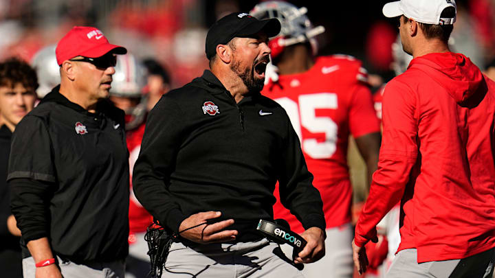 Ohio State Buckeyes head coach Ryan Day reacts to a targeting call on linebacker Arvell Reese during the second half of the NCAA football game against the Nebraska Cornhuskers at Ohio Stadium in Columbus on Saturday, Oct. 26, 2024. Ohio State won 21-17.