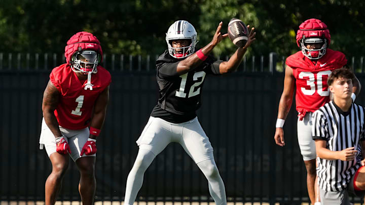 Aug 1, 2024; Columbus, OH, USA; Ohio State Buckeyes quarterback Air Noland (12) takes a snap during football camp at the Woody Hayes Athletic Complex.