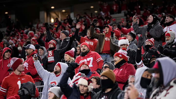 Ohio State Buckeyes fans cheer during the second half of the College Football Playoff first round game against the Tennessee Volunteers at Ohio Stadium in Columbus on Dec. 22, 2024. Ohio State won 42-17.
