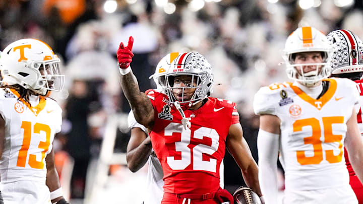 Ohio State running back TreVeyon Henderson (32) celebrates in the first half at Ohio Stadium on Saturday, Dec. 21, 2024 in Columbus, Ohio.