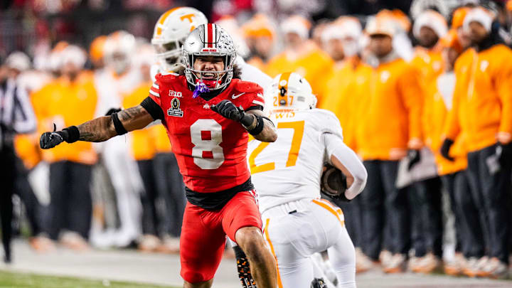 Ohio State Buckeyes safety Lathan Ransom (8) celebrates in the first half at Ohio Stadium on Saturday, Dec. 21, 2024 in Columbus, Ohio.