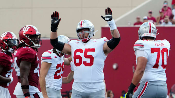 Sep 2, 2023; Bloomington, Indiana, USA; Ohio State Buckeyes offensive lineman Zen Michalski (65) reacts during the NCAA football game at Indiana University Memorial Stadium. Ohio State won 23-3.