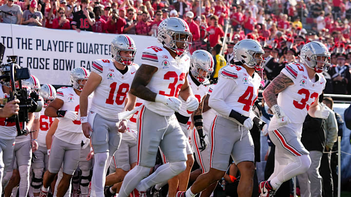Ohio State Buckeyes running back TreVeyon Henderson (32) takes the field for the College Football Playoff quarterfinal against the Oregon Ducks at the Rose Bowl in Pasadena, Calif. on Jan. 1, 2025. Ohio State won 41-21.