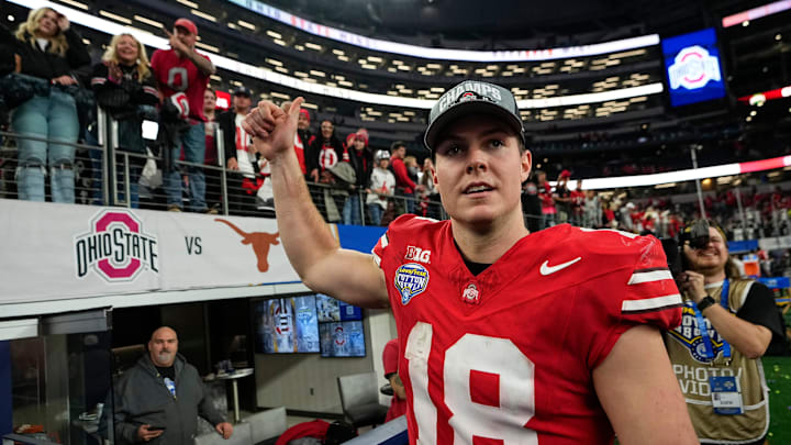 Ohio State Buckeyes quarterback Will Howard (18) leaves the field following the Cotton Bowl Classic College Football Playoff semifinal game against the Texas Longhorns at AT&T Stadium in Arlington, Texas on Jan. 10, 2025. Ohio State won 28-14.