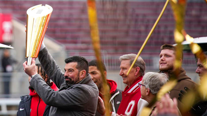 Ohio State Buckeyes head coach Ryan Day raises the trophy during Ohio State's national championship celebration at Ohio Stadium on Sunday, Jan. 26, 2025 in Columbus, Ohio.