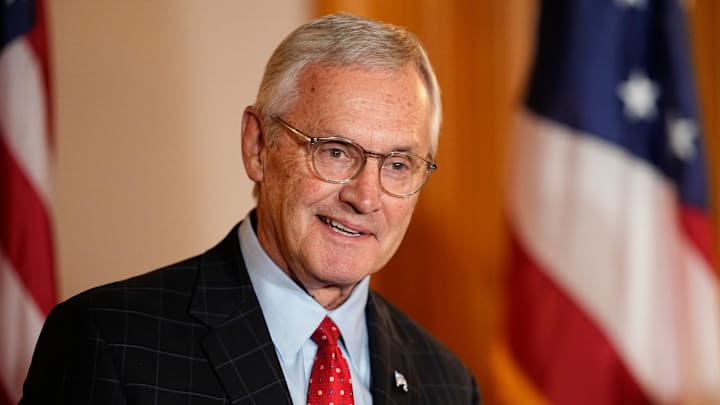 Former Ohio State University football coach Jim Tressel speaks after Ohio Gov. Mike DeWine picked him as lieutenant governor for the remaining two years of his term during a press conference at his office in the Ohio Statehouse in Columbus on Feb. 10, 2025.