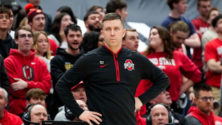 Ohio State Buckeyes head coach Jake Diebler watches the second half at Value City Arena on Thursday, Feb. 20, 2025 in Columbus, Ohio.
